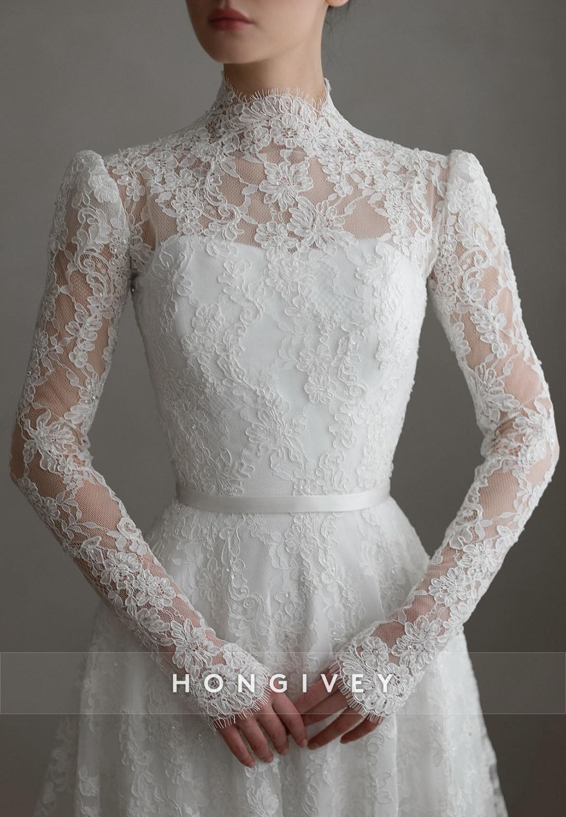 High Neck Lace A-Line Illusion Neck Court Train Long Sleeves Wedding Dresses