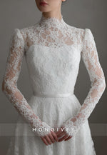 High Neck Lace A-Line Illusion Neck Court Train Long Sleeves Wedding Dresses