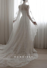 High Neck Lace A-Line Illusion Neck Court Train Long Sleeves Wedding Dresses