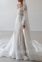 Off the Shoulder Long Sleeves Lace Detachable Court Train A-Line Wedding Dresses