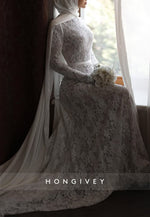 A-Line Elegant Side Draping Long Sleeves Lace Court Train Wedding Dresses
