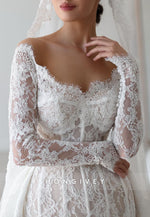 Off the Shoulder Long Sleeves Lace Detachable Court Train A-Line Wedding Dresses