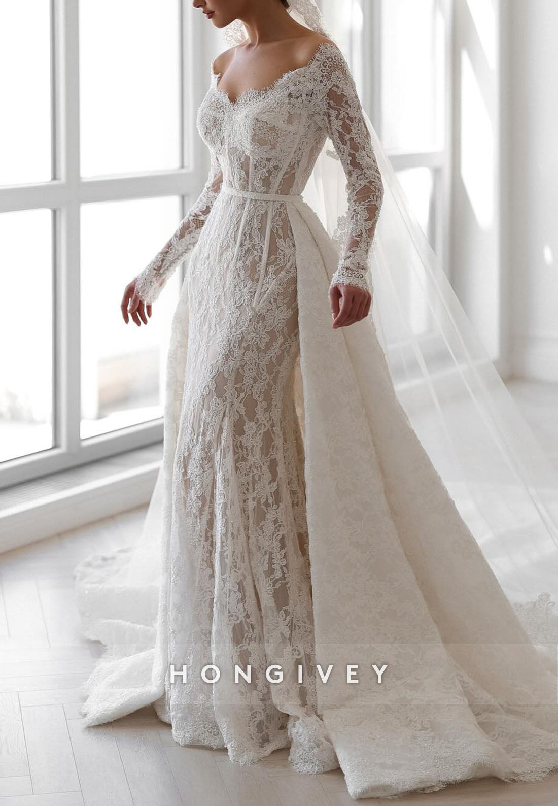 Off the Shoulder Long Sleeves Lace Detachable Court Train A-Line Wedding Dresses