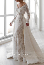 Off the Shoulder Long Sleeves Lace Detachable Court Train A-Line Wedding Dresses