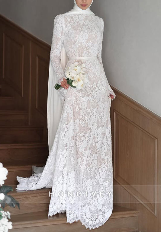 A-Line Elegant Side Draping Long Sleeves Lace Court Train Wedding Dresses