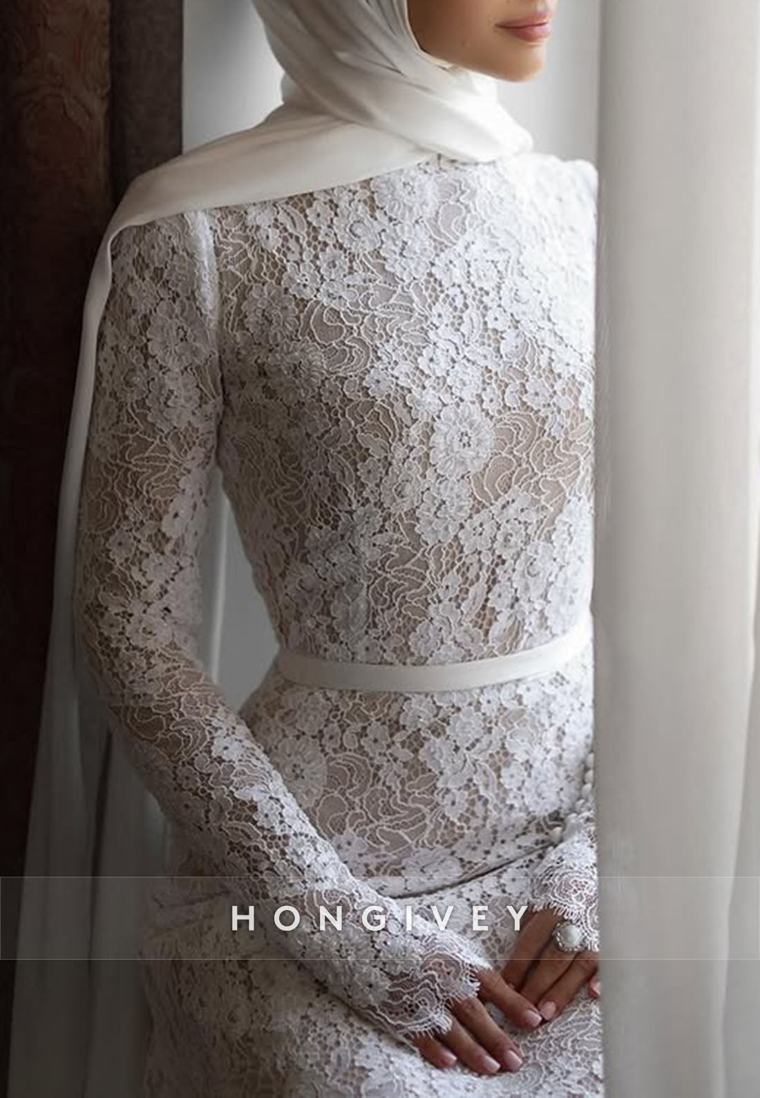 A-Line Elegant Side Draping Long Sleeves Lace Court Train Wedding Dresses