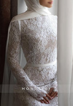 A-Line Elegant Side Draping Long Sleeves Lace Court Train Wedding Dresses