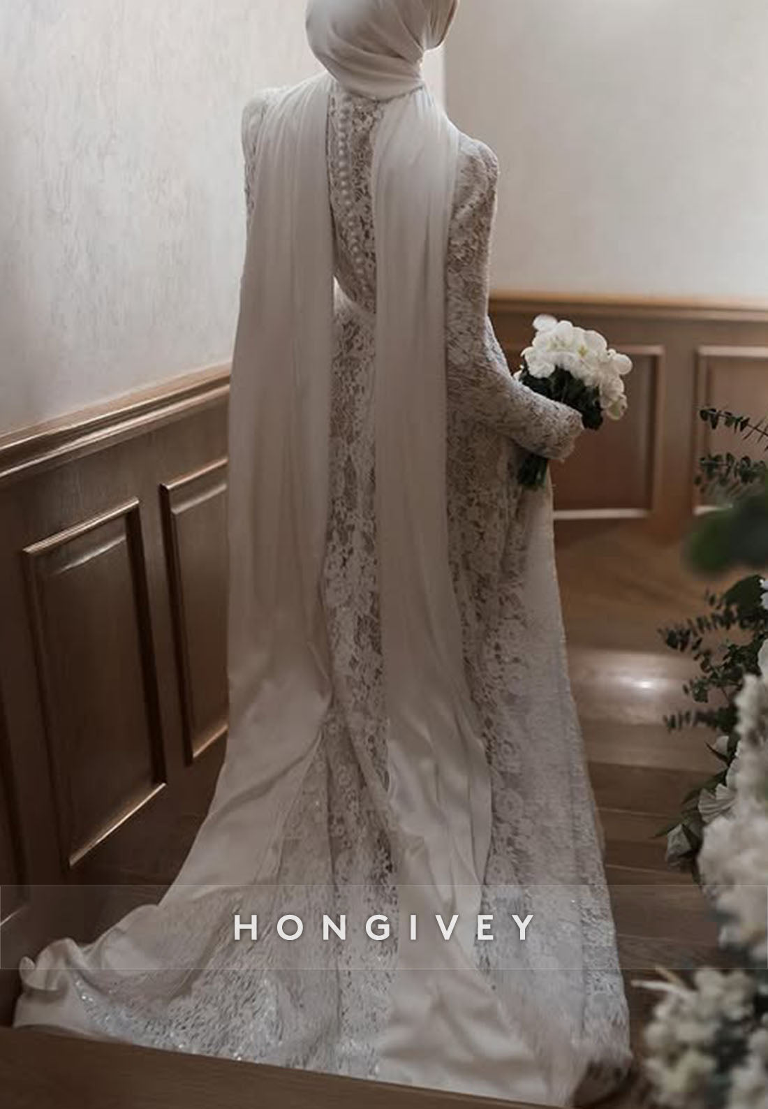 A-Line Elegant Side Draping Long Sleeves Lace Court Train Wedding Dresses