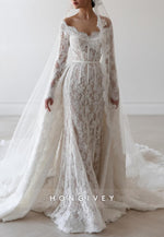 Off the Shoulder Long Sleeves Lace Detachable Court Train A-Line Wedding Dresses