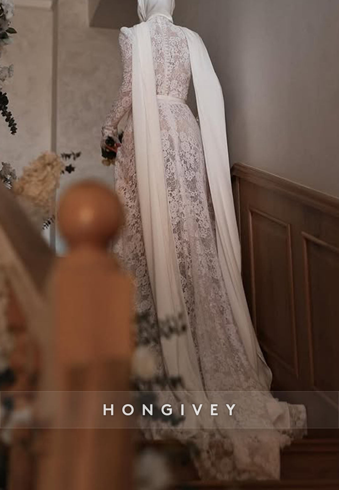 A-Line Elegant Side Draping Long Sleeves Lace Court Train Wedding Dresses