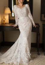 Long Sleeves Sweetheart Sweep Train Lace Mermaid Wedding Dresses