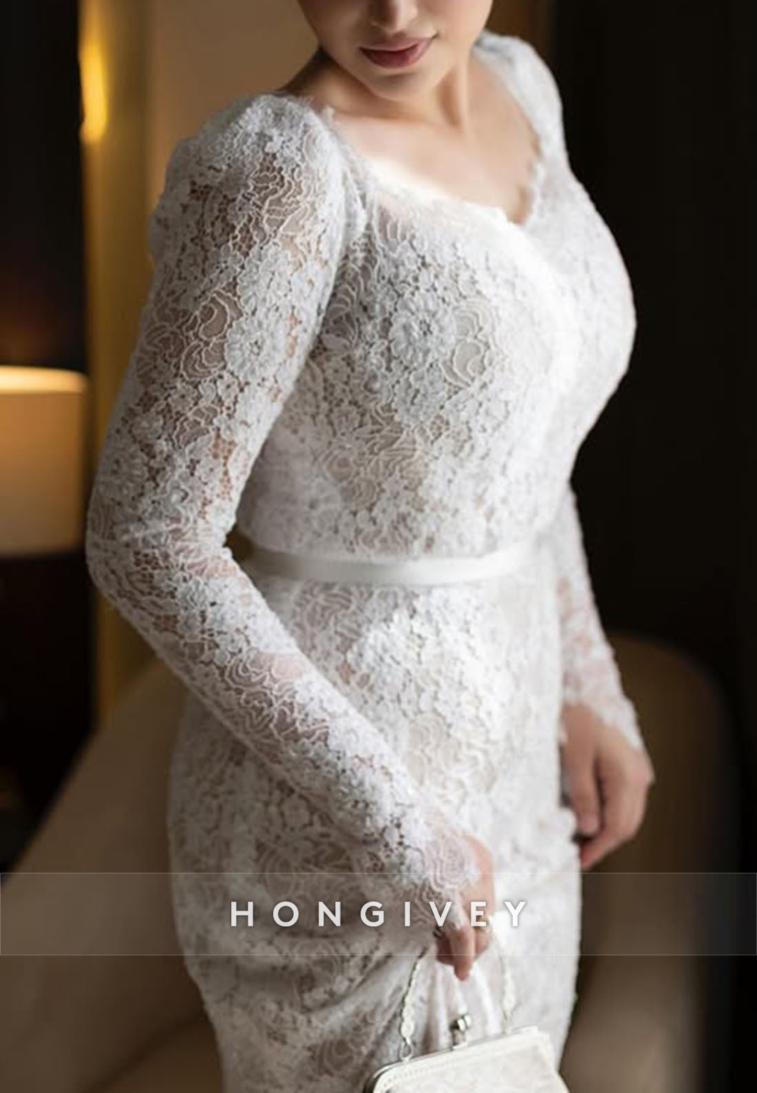 Long Sleeves Sweetheart Sweep Train Lace Mermaid Wedding Dresses