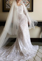 Long Sleeves Sweetheart Sweep Train Lace Mermaid Wedding Dresses