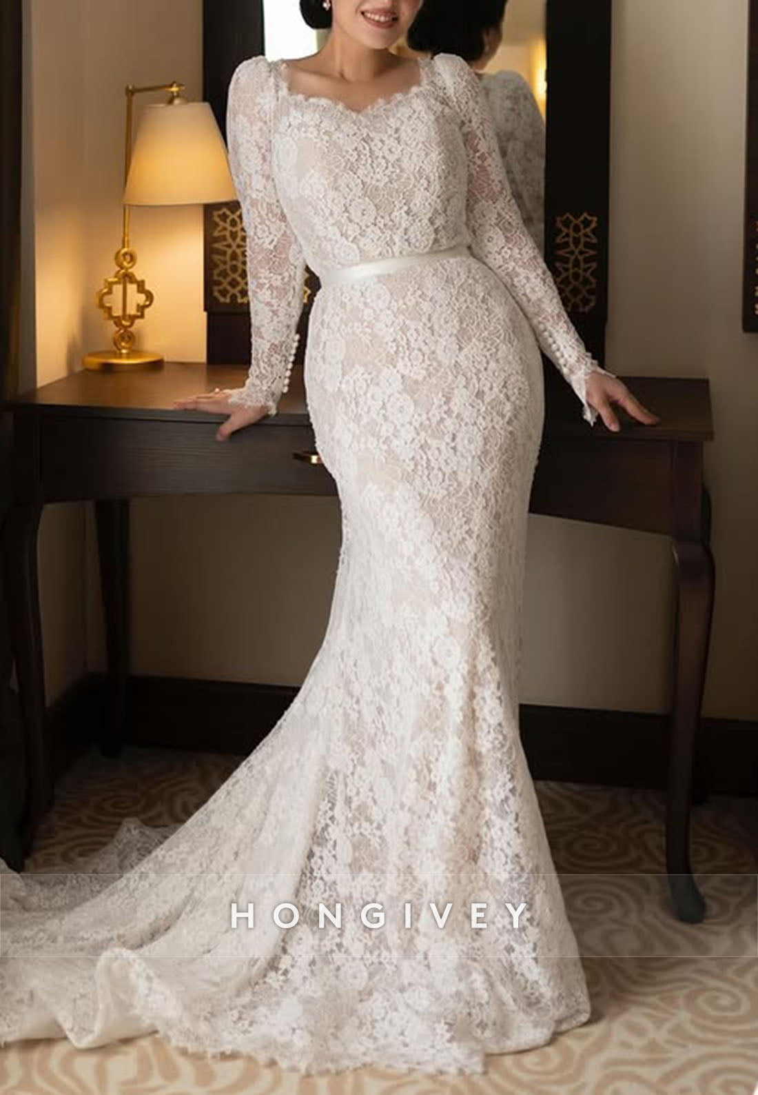Long Sleeves Sweetheart Sweep Train Lace Mermaid Wedding Dresses
