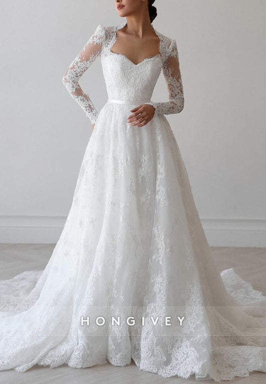 Lace Sweetheart Long Sleeves Court Train A-Line Detachable Wedding Dresses