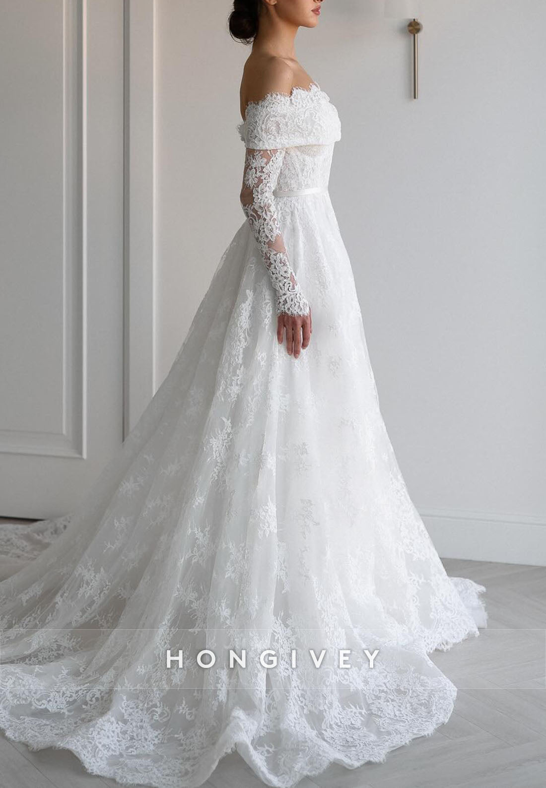 Off the Shoulder Long Sleeves Lace Court Train A-Line Wedding Dresses