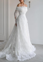 Off the Shoulder Long Sleeves Lace Court Train A-Line Wedding Dresses