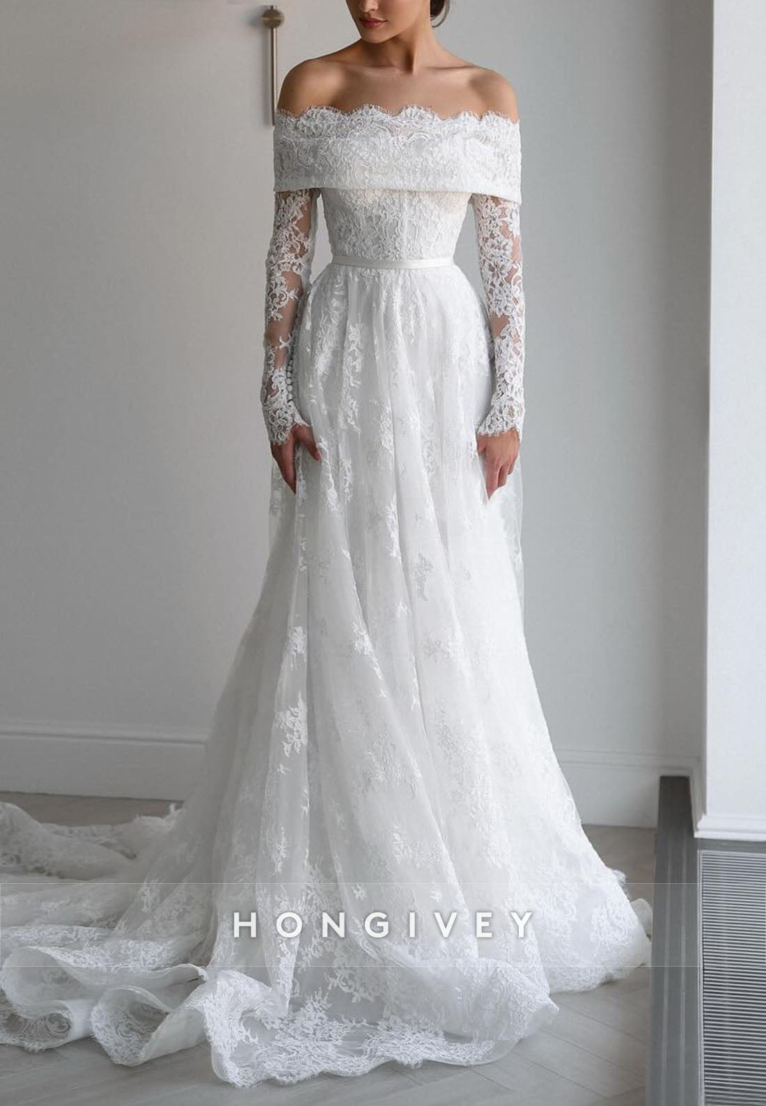 Off the Shoulder Long Sleeves Lace Court Train A-Line Wedding Dresses