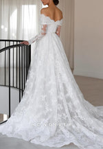 Off the Shoulder Long Sleeves Lace Court Train A-Line Wedding Dresses