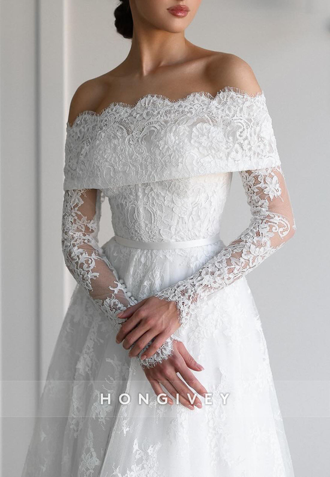 Off the Shoulder Long Sleeves Lace Court Train A-Line Wedding Dresses