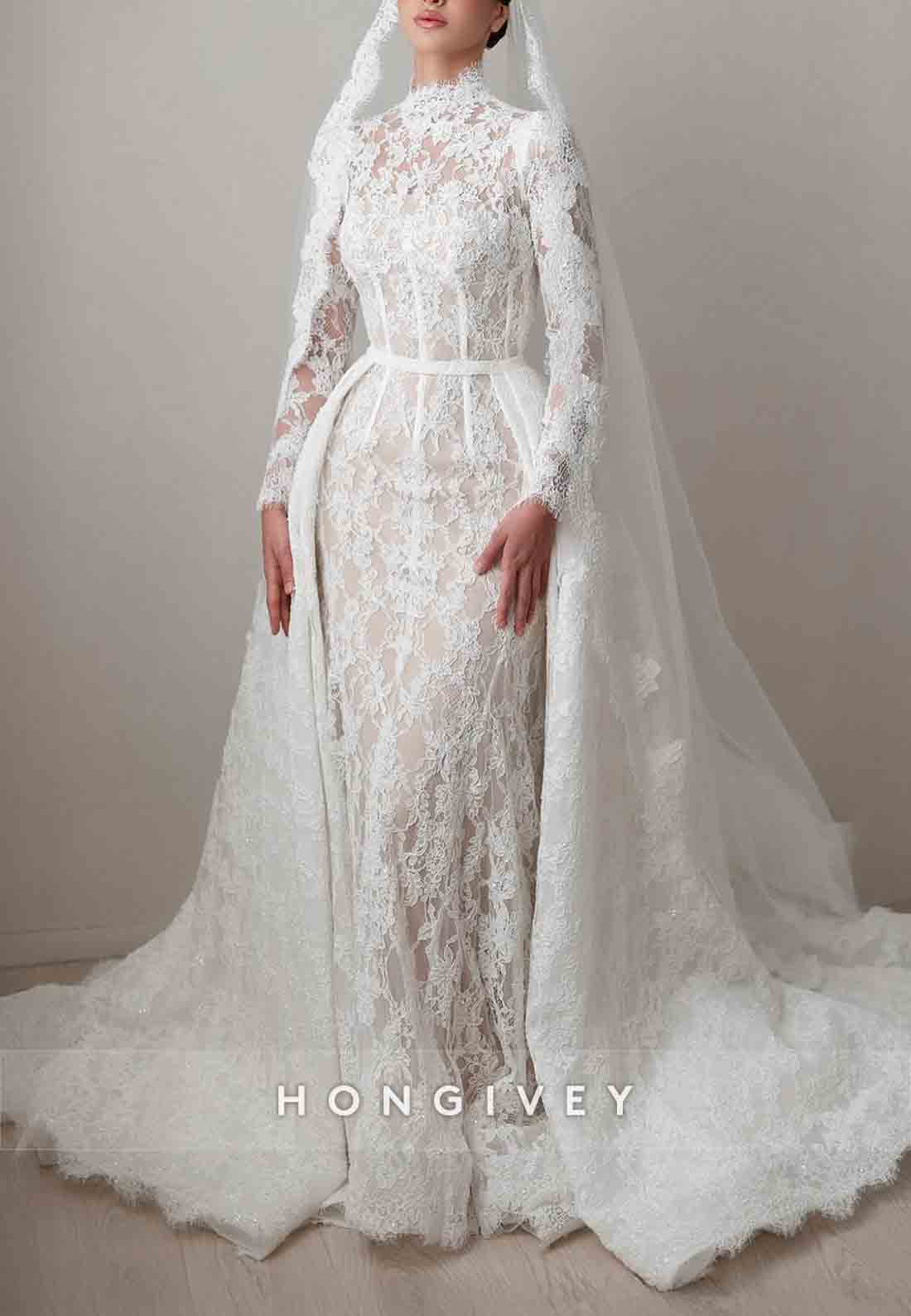 Detachable High Neck Lace Column Long Sleeves Vintage Wedding Dresses