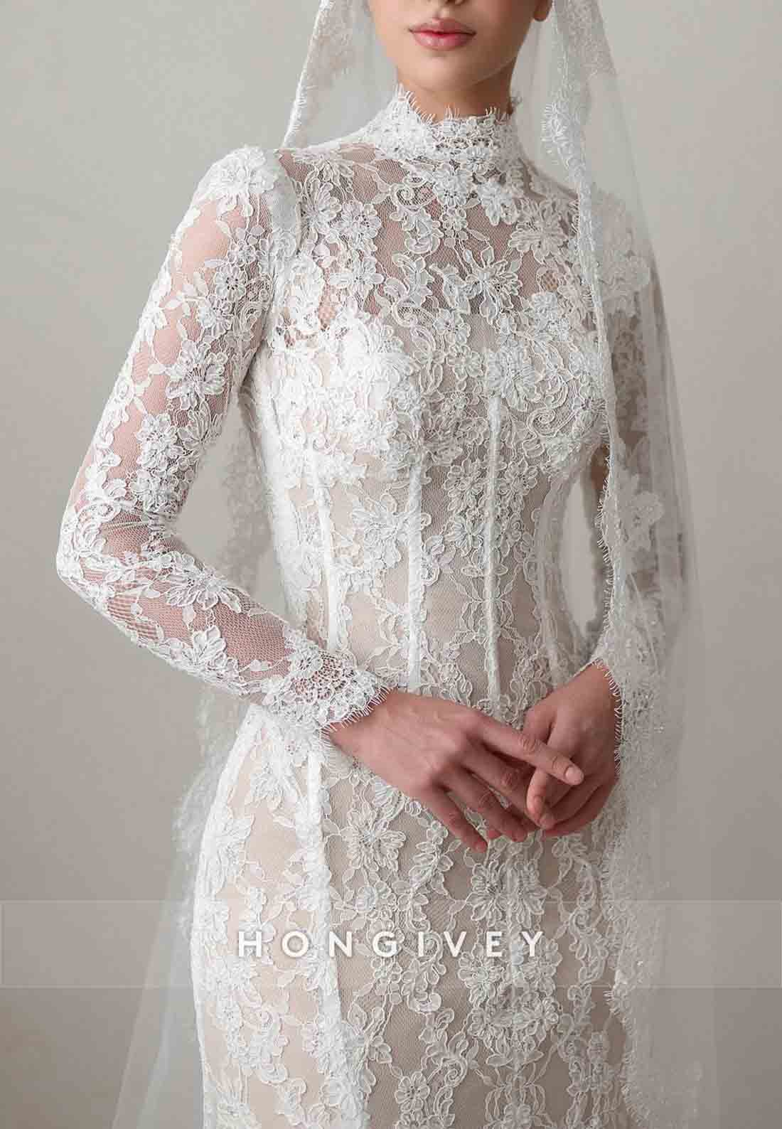 Detachable High Neck Lace Column Long Sleeves Vintage Wedding Dresses