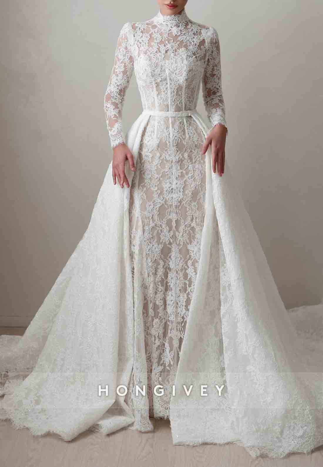 Detachable High Neck Lace Column Long Sleeves Vintage Wedding Dresses