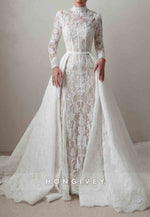 Detachable High Neck Lace Column Long Sleeves Vintage Wedding Dresses