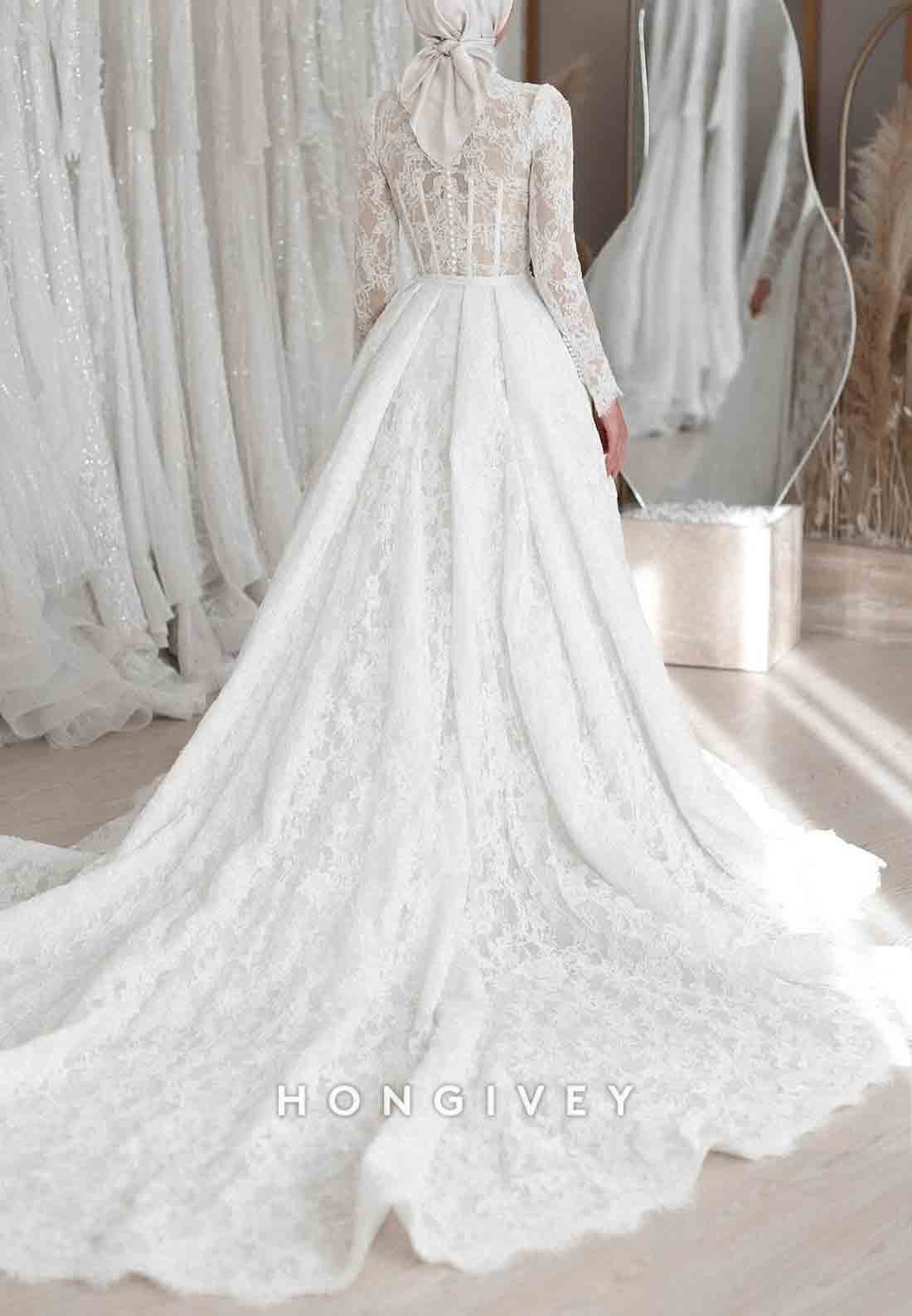 Detachable High Neck Lace Column Long Sleeves Vintage Wedding Dresses