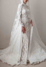 Detachable High Neck Lace Column Long Sleeves Vintage Wedding Dresses