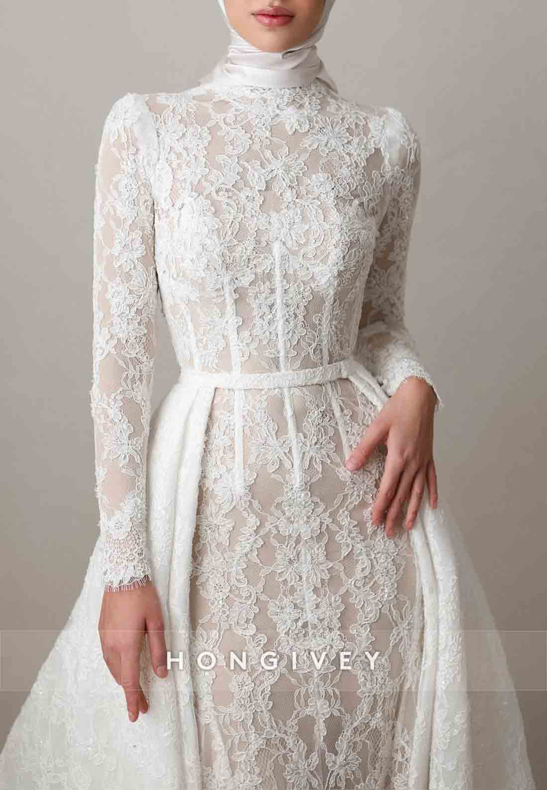 Detachable High Neck Lace Column Long Sleeves Vintage Wedding Dresses
