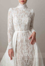 Detachable High Neck Lace Column Long Sleeves Vintage Wedding Dresses