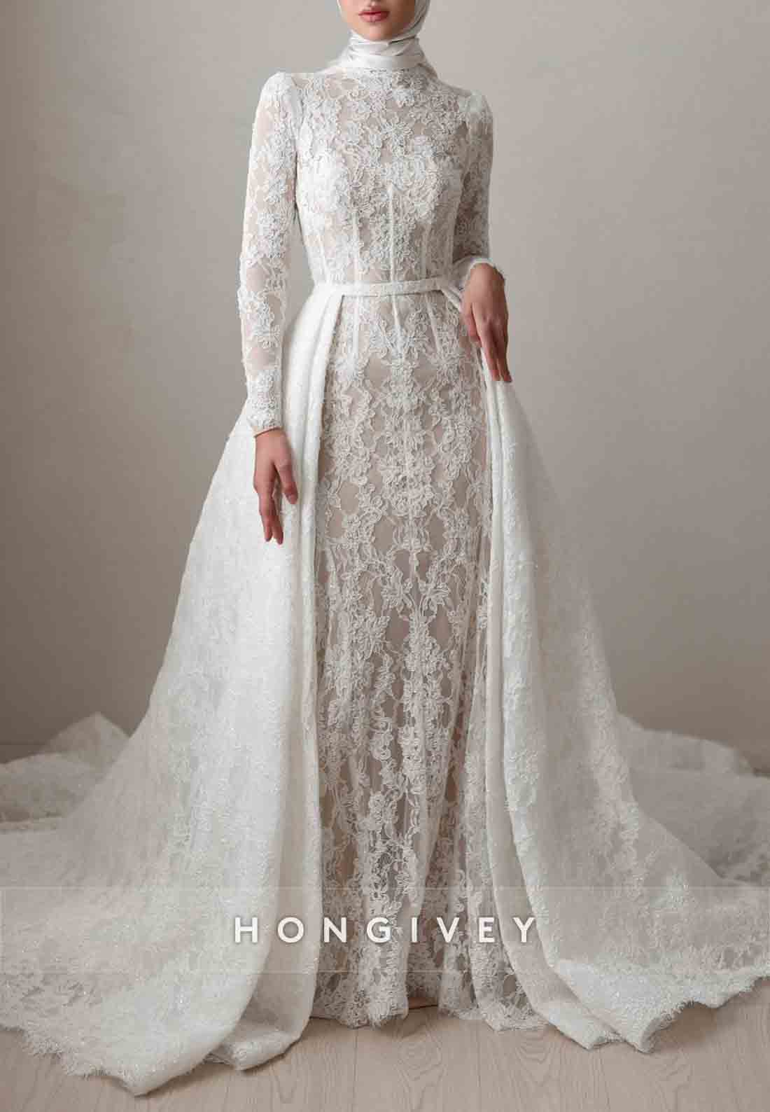Detachable High Neck Lace Column Long Sleeves Vintage Wedding Dresses