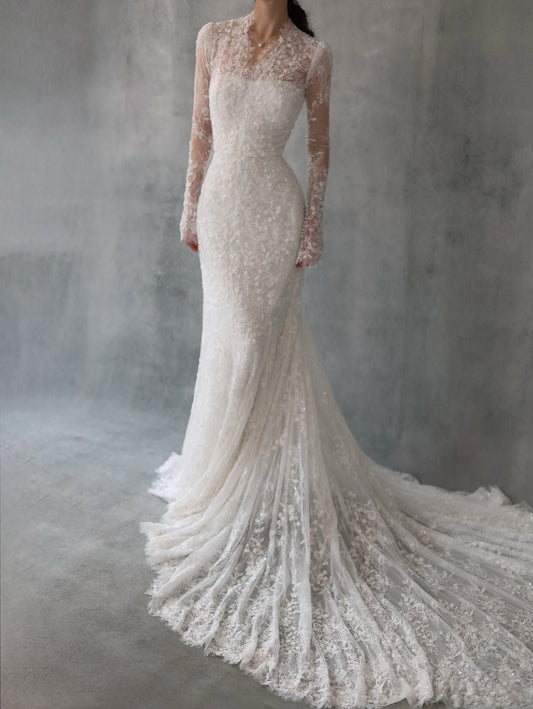 Vintage Lace Long Sleeve Mermaid Floor-Length Wedding Dress