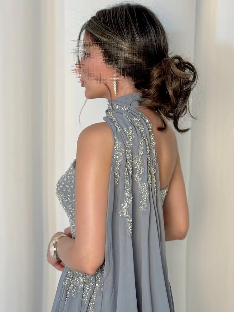 Halter One Shoulder Sleeveless Sequins Sparkle A-Line Evening Dress