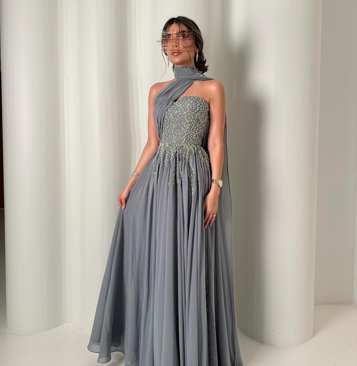 Halter One Shoulder Sleeveless Sequins Sparkle A-Line Evening Dress