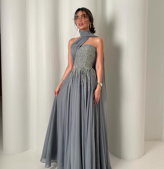 Halter One Shoulder Sleeveless Sequins Sparkle A-Line Evening Dress