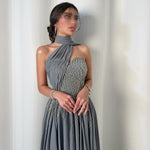 Halter One Shoulder Sleeveless Sequins Sparkle A-Line Evening Dress