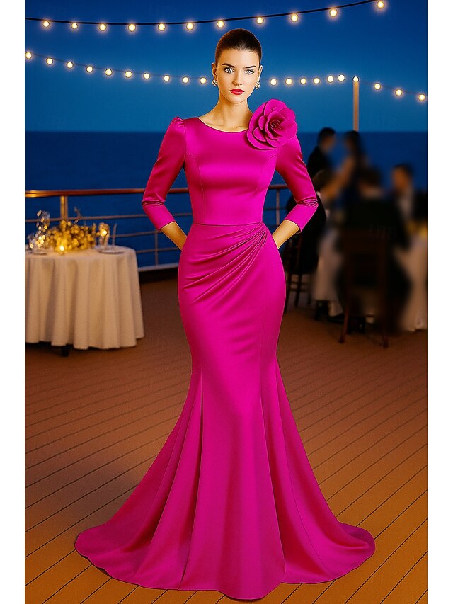 O-Neck Flowers Long Sleeve Mermaid Floor-Length Evening Dress