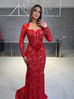 Square Neck Lace Long Sleeve Mermaid Floor-Length Evening Dress