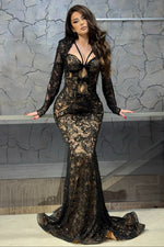 Black Lace Long Sleeve Mermaid Floor-Length Formal Evening Dress