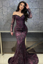 Sexy Purple Off the Shoulder Long Sleeve Beaded Sparkle Mermaid Evening Dress