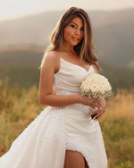 Modern Long White Wedding Dress Hight Split Sleeveless V-neck Satin Bridal Gowns