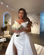 Modern Long White Wedding Dress Hight Split Sleeveless V-neck Satin Bridal Gowns
