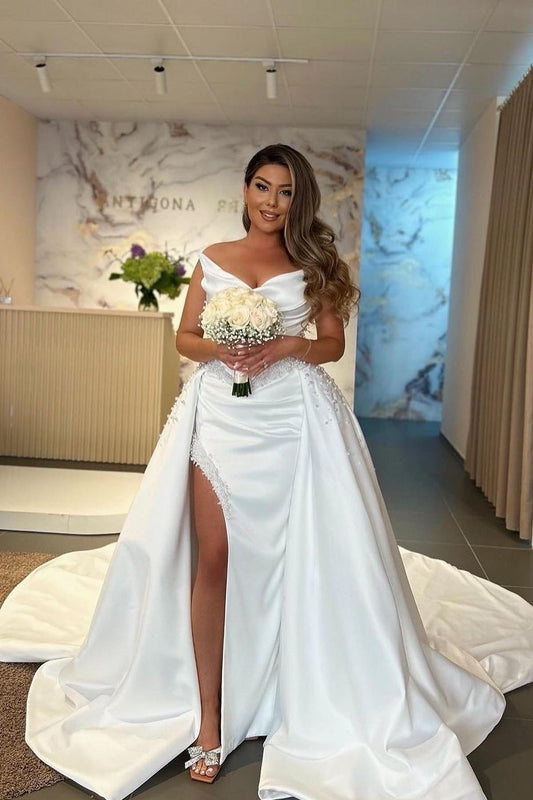 Modern Long White Wedding Dress Hight Split Sleeveless V-neck Satin Bridal Gowns