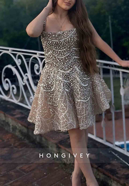 Square Neck Beading Sleeveless Regular Straps Short Homecoming Dresses