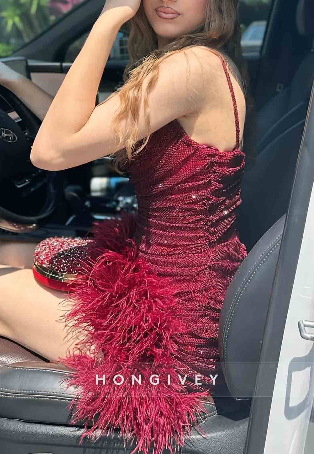 Feather Sleeveless Cowl Neck Regular Straps Cowl Back Short Homecoming Dresses