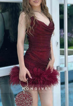 Feather Sleeveless Cowl Neck Regular Straps Cowl Back Short Homecoming Dresses