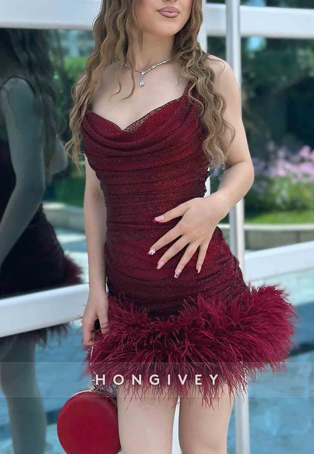 Feather Sleeveless Cowl Neck Regular Straps Cowl Back Short Homecoming Dresses