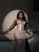 Sweetheart Half Sleeve Beaded Mermaid Side Slit Prom Dress for Black Girl